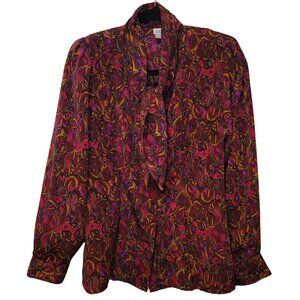 Vintage 80's Floral Neck Tie Button Up Floral Blouse Size 8